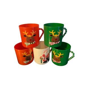 Vintage Christmas Kids Mugs Reindeer Santa Plastic‎ Holiday Drinkware Set